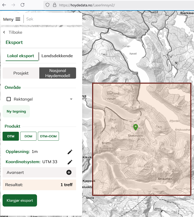 Export settings for 'Høydedata'